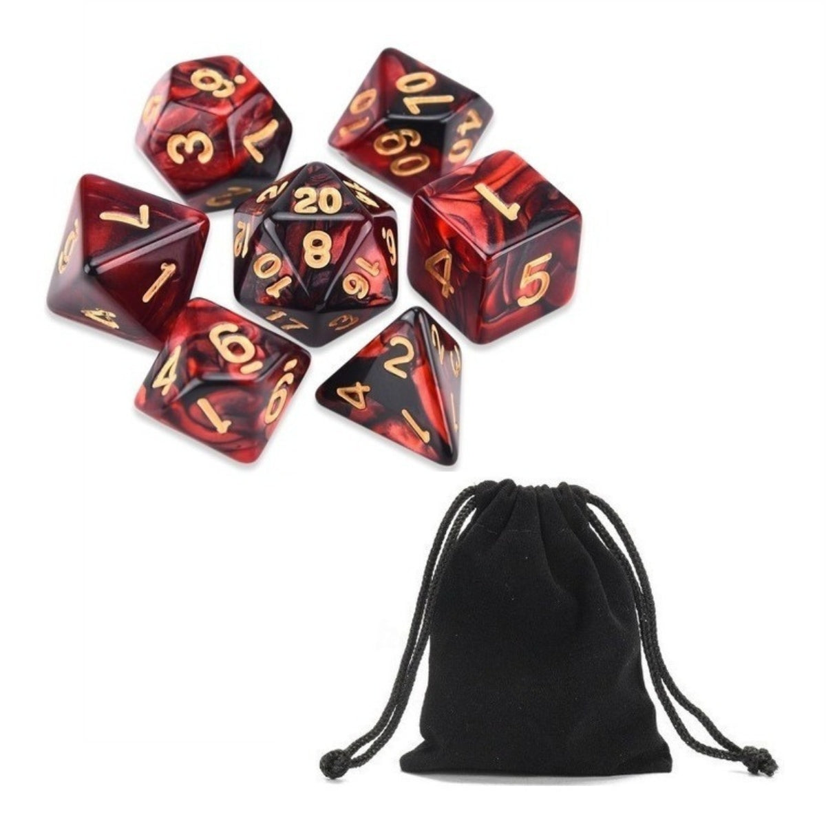 Conjunto de Dados para Rpg Vermelho com Preto com N° Dourado Conjunto de Dados para Rpg Vermelho com Preto com N° Dourado